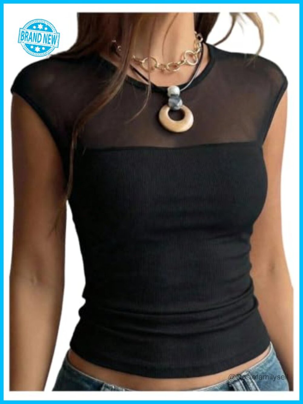 Women's Mesh Crop Top Sheer See Through Crewneck Cap Sleeve Blouse